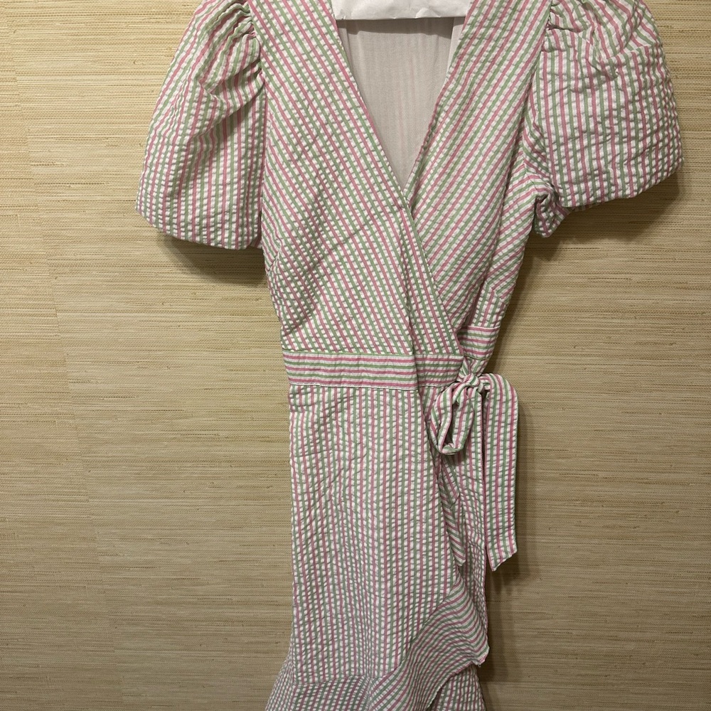 Draper James Pink Wrap Midi Dress with Puff Sleeves